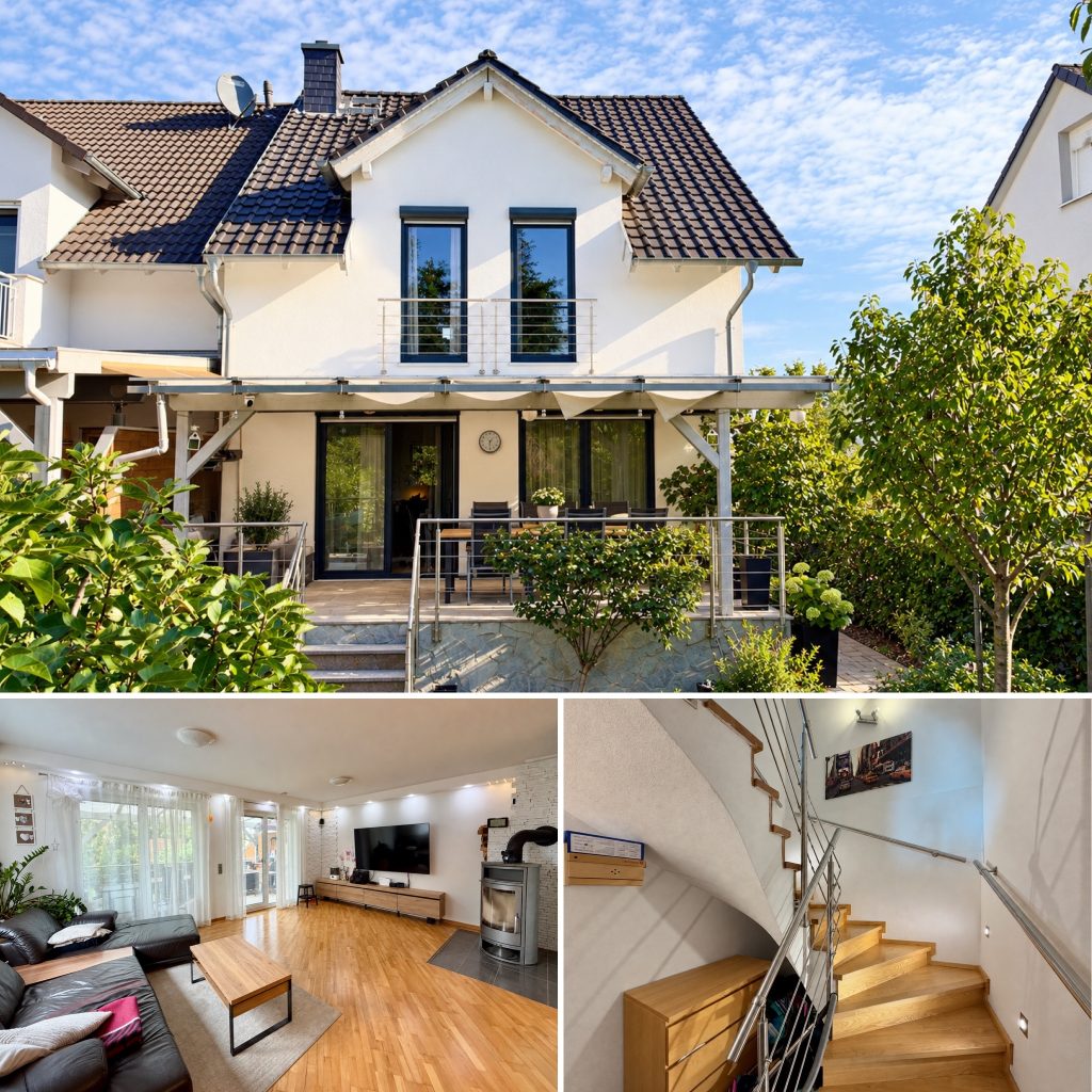 Chice und familientaugliche Doppelhaushälfte in Babenhausen / Hergershausen, 170 qm Wohnfläche, voll unterkellert, mit großzügiger überdachter Terrasse, Sauna und Carport € 689.000